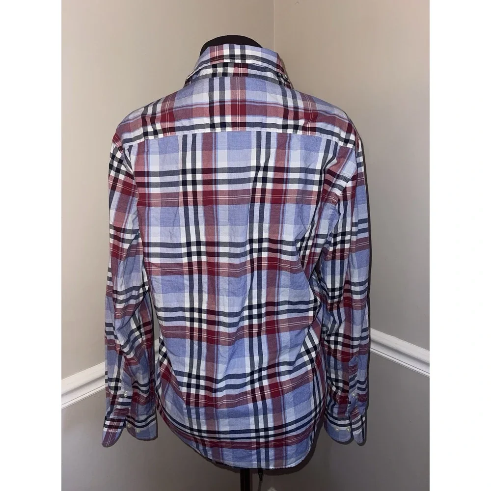 Banana Republic Plaid Untucked‎ Fit Organic Cotton Mens Shirt Medium Red Navy